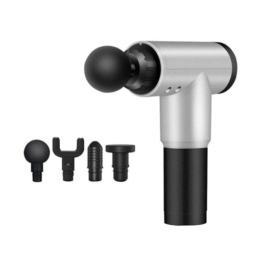 Aparat de masaj tip pistol NEXTLY, potrivit pentru relaxare si tonifiere musculara, 6 trepte de viteza, 4 capete interschimbabile, argintiu