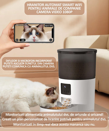 Hranitor automat pentru caini si pisici, NEXTLY, WiFi, Camera video FullHD, capacitate 3L, aplicatie telefon Smart Life, sunet hranire, programabil, control de la distanta, alimentare dubla, functii m