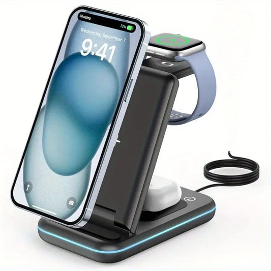 Incarcator wireless pliabil 3 in 1, NEXTLY, Fast Charge 15W, pentru telefon, apple watch, airpods, lumina ambientala LED, negru