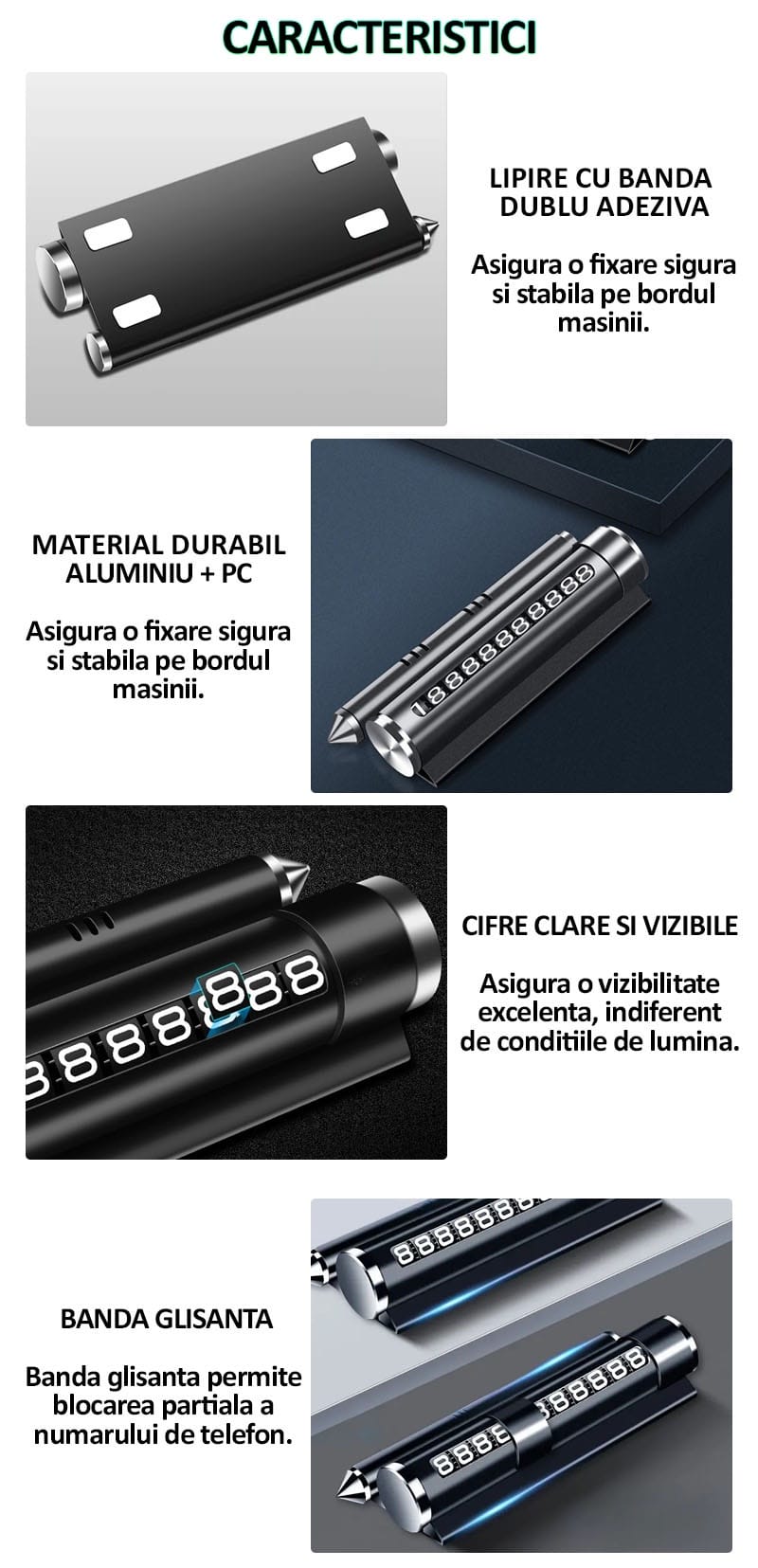 Suport numar de telefon pentru parcare auto multifunctional R NEXTLY, odorizant auto, suport telefon, banda glisanta pentru ascundere numar, rezistent la temperaturi ridicate/scazute, lipire cu banda