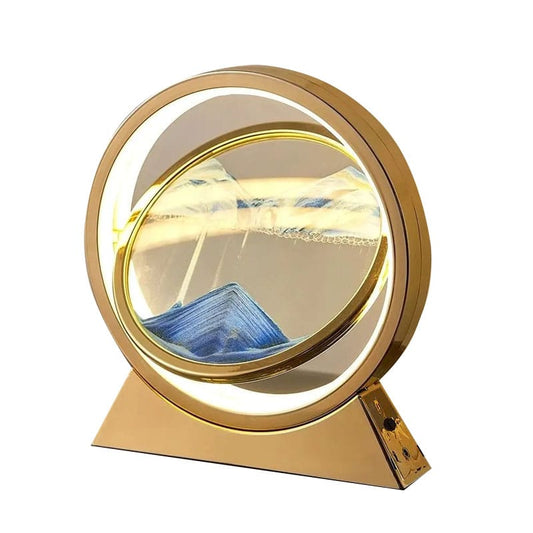 Lampa decorativa de birou tip clepsidra, NEXTLY, tablou cu nisip miscator albastru, 3 tipuri de lumina, alb rece/cald/neutru, alimentare usb sau pe baterii, auriu