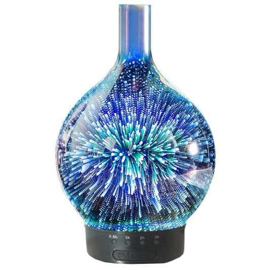 Umidificator de aer cu difuzor de aromaterapie artificii 3D din sticla NEXTLY, ultrasonic, silentios, iluminare ambientala RGB 7 culori/combinatii de culori, schimbare automata culori, temporizator 0.