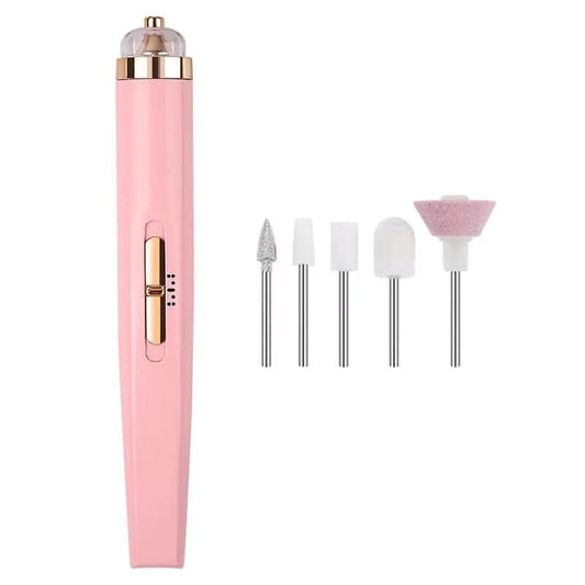 Freza electrica unghii NEXTLY, pentru manichiura si pedichiura, 5 capete, lumina LED, incarcare USB, portabila, roz