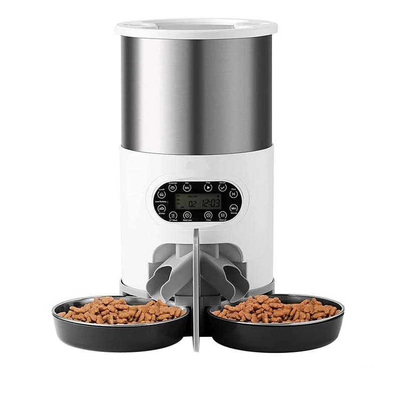 Hranitor automat dublu pentru caini si pisici, NEXTLY, programabil prin butoane, capacitate 3L, boluri inox, tavite plastic, dispenser dublu, inregistrare sunet hranire automata si manuala, alimentare