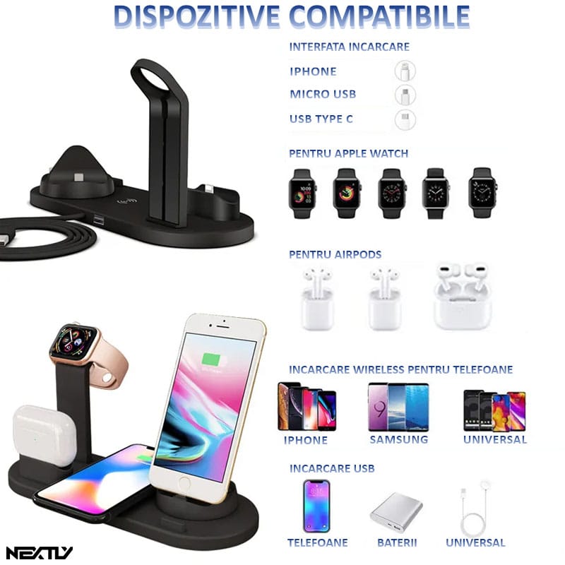 Incarcator wireless telefon 6 in 1, Apple Watch, AirPods, NEXTLY, stand rotativ cu 3 mufe Tip C, MicroUSB, iPhone, Fast Charge 15W, compatibil cu iPhone, Samsung si telefoane universale care au functi