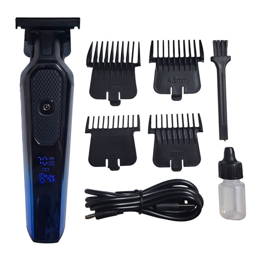 Masina profesionala de tuns, NEXTLY, cu acumulator, 1200mAh, 2 trepte de viteza, afisaj digital, putere 3W, 7000RPM, 4 marimi de tuns, incarcare tip-c, design ergonomic, finisaj lucios, negru-albastru