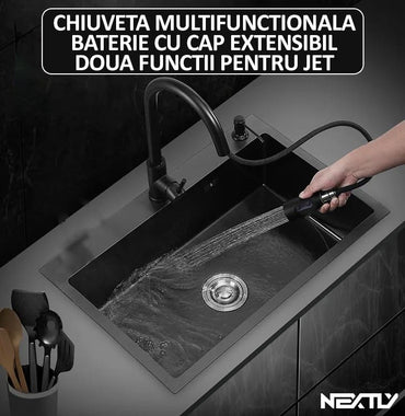 Set chiuveta si baterie tip lebada pentru bucatarie, NEXTLY, multifunctionala, include dozator detergent, cosulet, robineti, racorduri, scurgere, sita, dop, cap baterie extensibil cu doua moduri de je