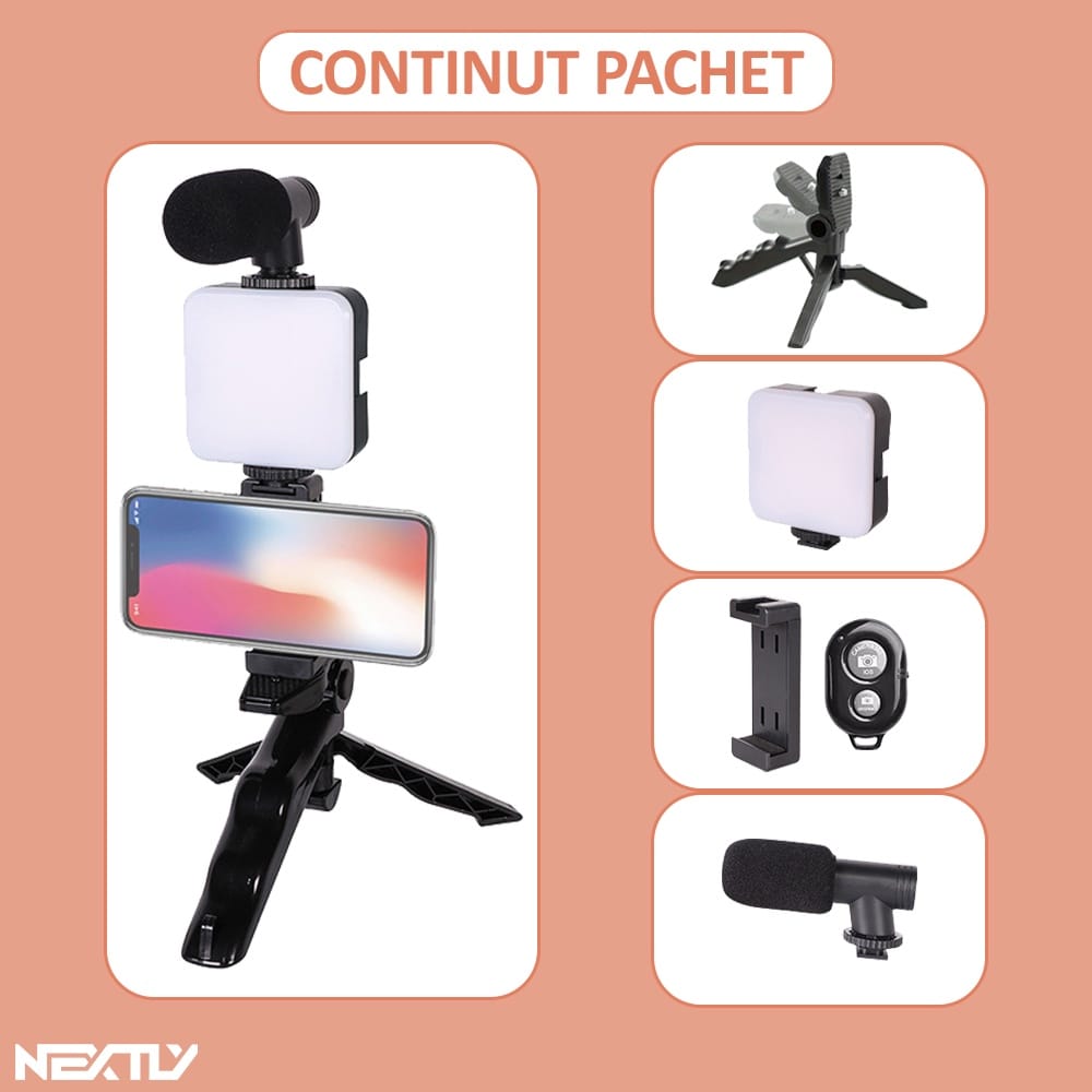 Kit vlogging streaming NEXTLY, ultra portabil, set complet, include microfon, lampa led, suport telefon, trepied, telecomanda bluetooth pentru selife, negru