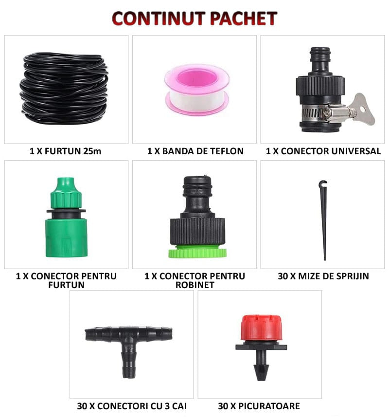 Sistem de irigare pentru gradina/plante/gazon/ghivece/sere/solare NEXTLY, 25m, 4 moduri de udare, rosu