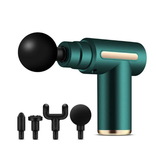 Mini aparat de masaj profesional NEXTLY, tip pistol, silentios si compact, 6 trepte de viteza, 4 capete interschimbabile, transmisie automata, putere 80W, 3200rpm, 2500mAh, verde