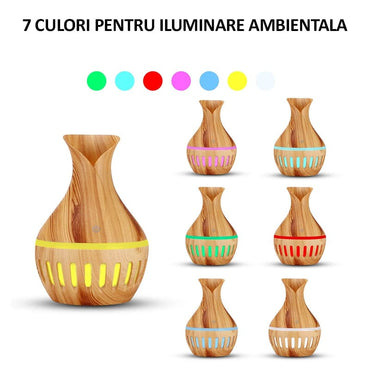 Difuzor aromaterapie, umidificator cu ultrasunete NEXTLY, forma de vaza, imitatie lemn, lumina LED RGB, rezervor 130ml, maro deschis