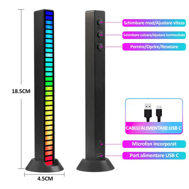 Bara cu leduri RGB, NEXTLY, sincronizare muzicala, lumini de ritm, senzor sunet, 32 leduri, activare sonora, 17 culori, moduri multiple, ajustare luminozitate si viteza, sincronizare muzicala, aliment