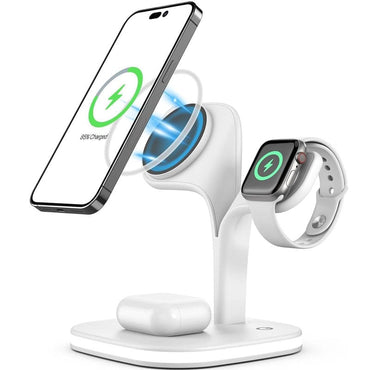 Incarcator wireless magnetic NEXTLY pentru iPhone 12/13/14 Mini/Pro/Pro Max/Plus, AirPods 2/3/Pro, Apple Watch 2/3/4/5/6/7/8/SE, Fast Charger 15W, lumina ambientala LED, suporta husa Mag Safe, alb