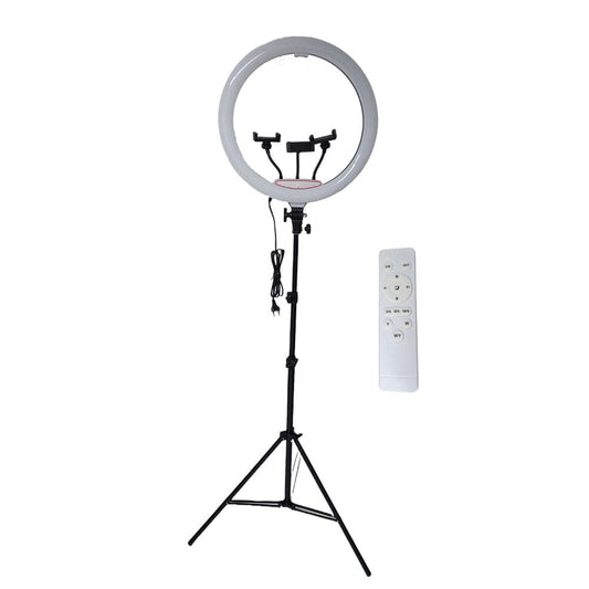 Lampa circulara profesionala RING LIGHT LED, NEXTLY, touch control, diametru 45cm, 18inch, lumina calda/rece/neutra, 10 trepte de lumina, 3 suporturi telefon, telecomanda, trepied 210cm