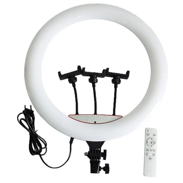 Lampa circulara profesionala RING LIGHT LED, NEXTLY, touch control, diametru 45cm, 18inch, lumina calda/rece/neutra, 10 trepte de lumina, 3 suporturi telefon, telecomanda, trepied 210cm