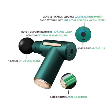Mini aparat de masaj profesional NEXTLY, tip pistol, silentios si compact, 6 trepte de viteza, 4 capete interschimbabile, transmisie automata, putere 80W, 3200rpm, 2500mAh, verde