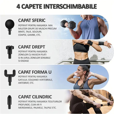 Mini aparat de masaj profesional NEXTLY, tip pistol, silentios si compact, 6 trepte de viteza, 4 capete interschimbabile, transmisie automata, putere 80W, 3200rpm, 2500mAh, negru