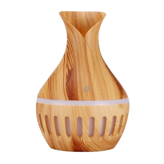 Difuzor aromaterapie, umidificator cu ultrasunete NEXTLY, forma de vaza, imitatie lemn, lumina LED RGB, rezervor 130ml, maro deschis
