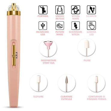 Freza electrica unghii NEXTLY, pentru manichiura si pedichiura, 5 capete, lumina LED, incarcare USB, portabila, roz