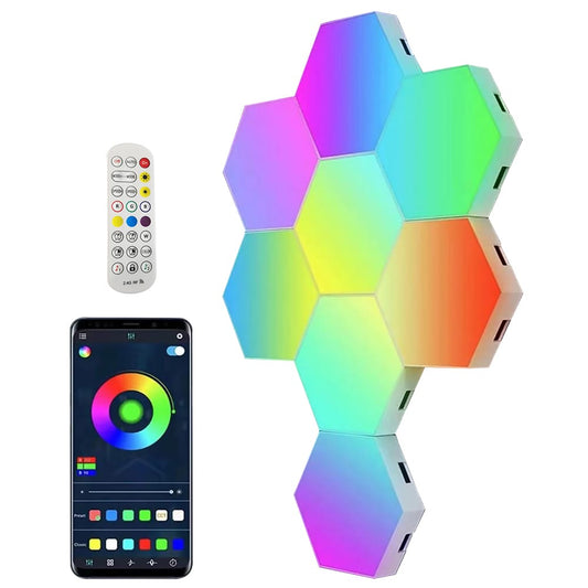Set 8 lampi RGB hexagonale modulare de perete, NEXTLY, control prin aplicatie, telecomanda, moduri multiple, sincronizare muzicala, microfon, timer, luminozitate ajustabila