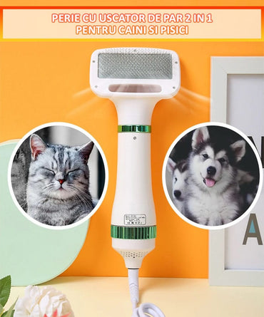 Perie cu uscator pentru caini/pisici 2 in 1 NEXTLY, 3 moduri de uscare, zgomot redus, 300W, cablu 1.5m, alb-verde