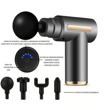 Mini aparat de masaj profesional NEXTLY, tip pistol, silentios si compact, 6 trepte de viteza, 4 capete interschimbabile, transmisie automata, putere 80W, 3200rpm, 2500mAh, argintiu