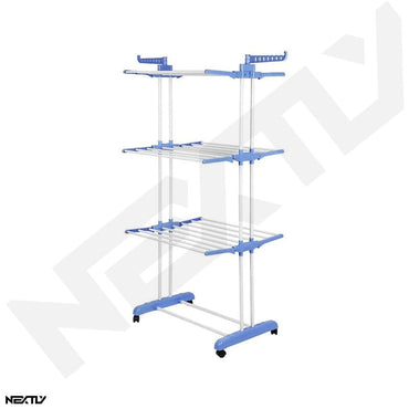 Uscator vertical pentru rufe si incaltaminte NEXTLY, 3 niveluri, suport umerase, pliabil, portabil, mobil, ergonomic, albastru