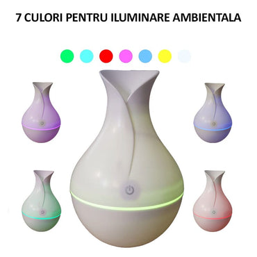 Difuzor aromaterapie cu umidificator cu ultrasunete NEXTLY, forma de vaza, lumina ambientala LED 7 culori, rezervor 130ml, buton touch, alb lucios