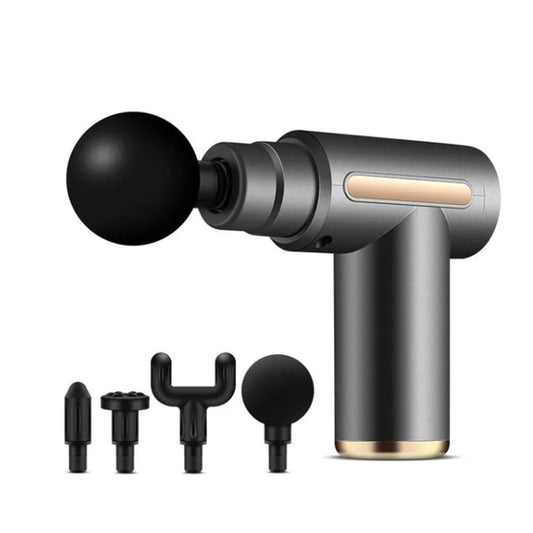 Mini aparat de masaj profesional NEXTLY, tip pistol, silentios si compact, 6 trepte de viteza, 4 capete interschimbabile, transmisie automata, putere 80W, 3200rpm, 2500mAh, argintiu