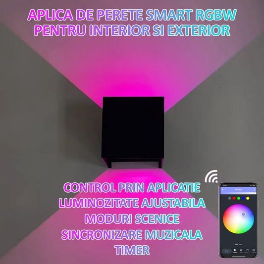 Aplica LED de perete RGBW interior si exterior, NEXTLY, Cube Light, control prin aplicatie, 12W, unghi ajustabil 120°, luminozitate ajustabila, paleta de culori, sincronizare muzicala, moduri scenice,