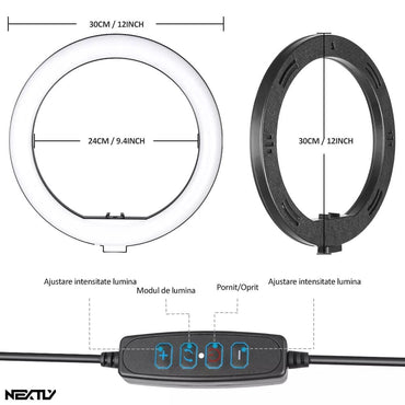 Lampa circulara RING LIGHT LED, NEXTLY, diametru 30cm, 12inch, lumina calda/rece/neutra, 10 trepte de lumina, telecomanda pe fir, suport telefon, trepied 210cm