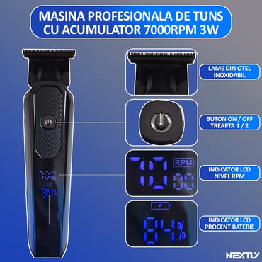 Masina profesionala de tuns, NEXTLY, cu acumulator, 1200mAh, 2 trepte de viteza, afisaj digital, putere 3W, 7000RPM, 4 marimi de tuns, incarcare tip-c, design ergonomic, finisaj lucios, negru-albastru