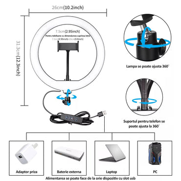 Lampa circulara profesionala RING LIGHT LED, NEXTLY, diametru 26cm, lumina calda/rece/neutra, 9 trepte de lumina, telecomanda pe fir, telecomanda bluetooth pentru selfie, suport telefon, trepied 210cm