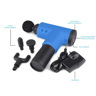 Aparat de masaj gun, profesional, NEXTLY, 6 trepte de viteza, 4 capete interschimbabile, potrivit pentru relaxarea muschilor, albastru