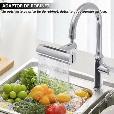 Adaptor robinet universal NEXTLY, pentru baie/bucatarie, 4 moduri de jet, cap rotativ 360°, economisire apa, instalare usoara, accesorii incluse, argintiu