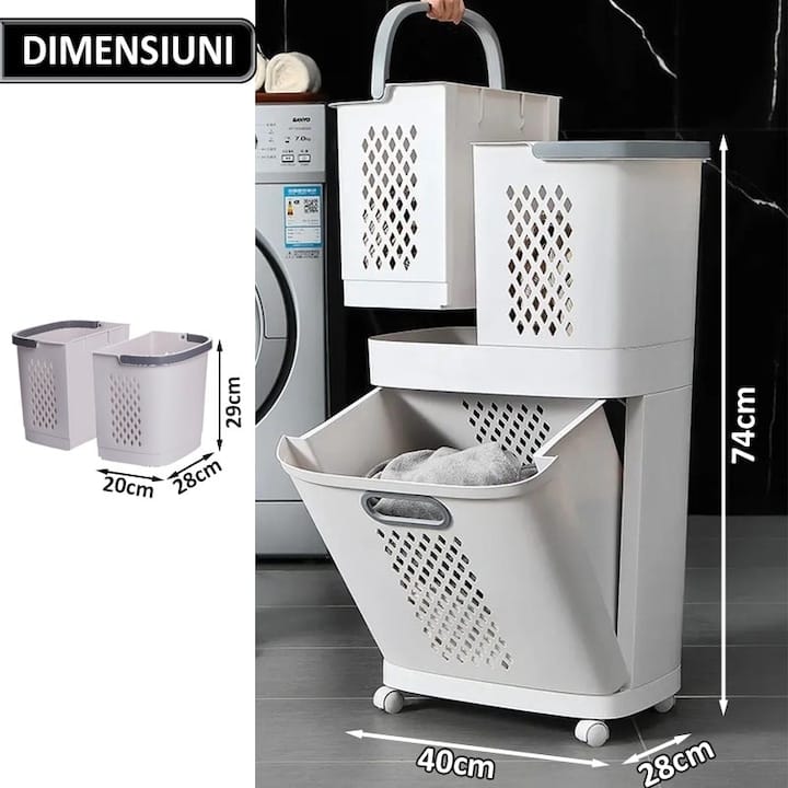 Cos de rufe, jucarii copii si alte obiecte NEXTLY, 3 compartimente, 4 roti detasabile, 2 cosuri cu maner detasabile, aplicabile pe perete, deschidere rabatabila, sistem de aerisire, 28x40x74cm, alb-gri