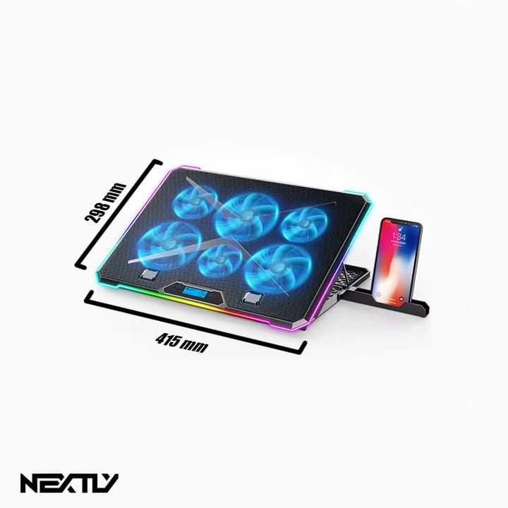Cooler laptop cu suport de telefon NEXTLY, 6 ventilatoare cu viteza reglabila, ecran LCD, 7 moduri de iluminare RGB, 8 trepte de ajustare, 2 porturi USB, compatibil cu laptop-uri de pana la 18inch, 415x298mm, negru