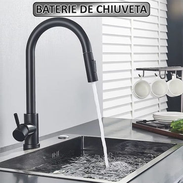 Baterie pentru chiuveta tip lebada NEXTLY, rotire la 360°, cap extensibil si retractabil, 2 tipuri de jet - normal si tip ploaie, 1-12 negru mat