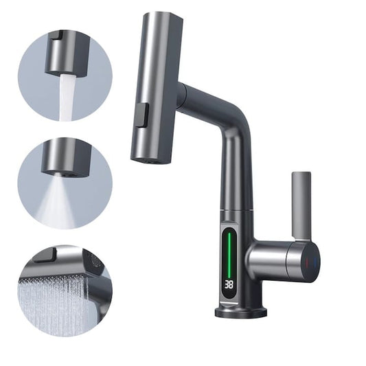 Baterie pentru chiuveta NEXTLY, pentru bucatarie si baie, cap extensibil si retractabil, 3 moduri de jet - aerat/sub presiune/tip cascada, afisaj LED cu iluminare temperatura, rotire la 360°, ajustabil pe inaltime, gri metalizat inchis