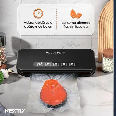 Aparat de vidat cu vacuum alimente umede/uscate NEXTLY, functii de vidare si sigilare in mod automat/manual, sigilare separata, vidare externa cu furtun, buton oprire, spatiu depozitare rola de vidat 28cm, lama integrata pentru taiere, 110W, 85kpa, negru