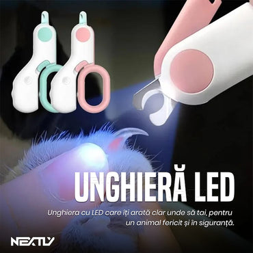 Cleste unghii cu LED pentru pisici/caini mici NEXTLY, 2 trepte de iluminare, maner ergonomic, lame curbate, functionare cu baterie, ABS si otel inoxidabil, 10.5x6.2cm, alb-roz