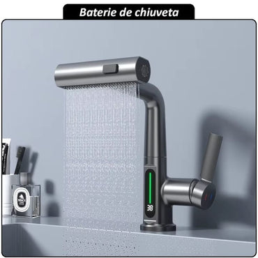 Baterie pentru chiuveta NEXTLY, pentru bucatarie si baie, cap extensibil si retractabil, 3 moduri de jet - aerat/sub presiune/tip cascada, afisaj LED cu iluminare temperatura, rotire la 360°, ajustabil pe inaltime, gri metalizat inchis