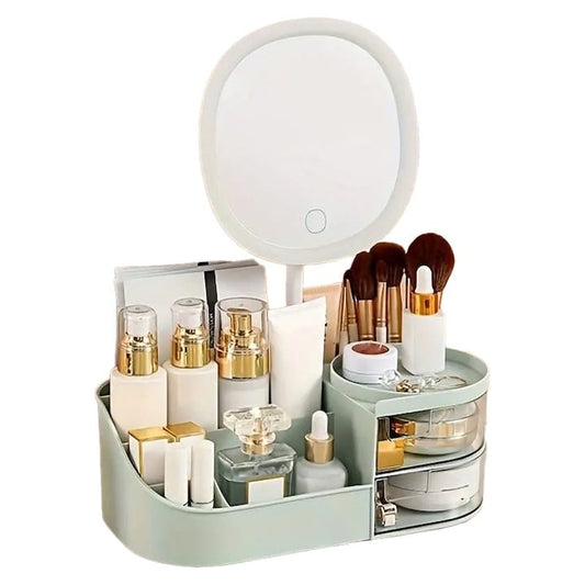 Organizator de cosmetice, bijuterii, accesorii si alte obiecte NEXTLY, oglinda detasabila si reglabila cu touch control, 3 moduri de iluminare, compartimentat, 14x26x9cm S, verde