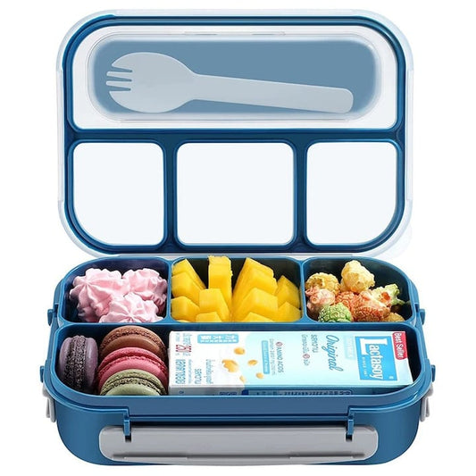 Caserola compartimentata NEXTLY, anti-scurgere, 4 compartimente, loc pentru tacamuri, capac transparent, compatibil cu microunde si masina de spalat vase, material PP, furculita inclusa, 22.5x16x6.5cm, 1300ml, albastru