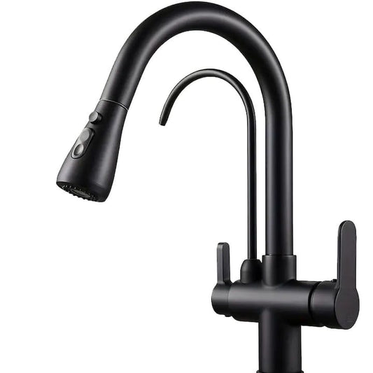 Baterie multifunctionala pentru chiuveta, NEXTLY, tip lebada, dubla, cap extensibil si retractabil, doua moduri de jet, baterie pentru apa filtrata, rotatie 360°, negru mat