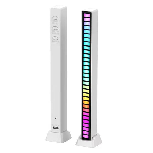 Bara cu leduri RGB, NEXTLY, sincronizare muzicala, lumini de ritm, senzor sunet, 32 leduri, activare sonora, 17 culori, moduri multiple, ajustare luminozitate si viteza, sincronizare muzicala, acumulator incorporat, alimentare usb-c, alb