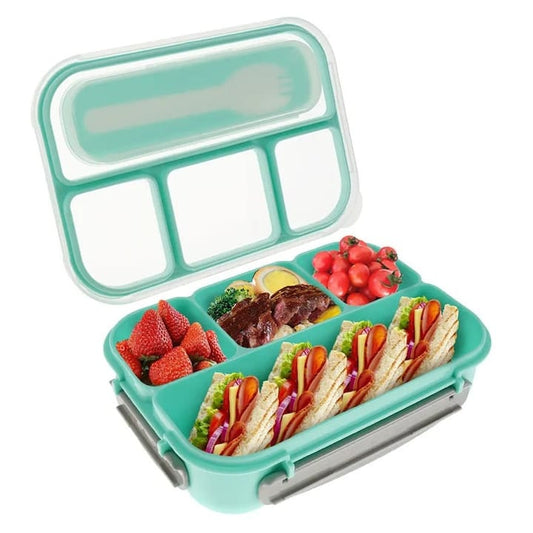 Caserola compartimentata NEXTLY, anti-scurgere, 4 compartimente, loc pentru tacamuri, capac transparent, compatibil cu microunde si masina de spalat vase, material PP, furculita inclusa, 22.5x16x6.5cm, 1300ml, verde