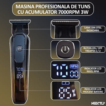 Masina profesionala de tuns, NEXTLY, cu acumulator, 1200mAh, 2 trepte de viteza, afisaj digital, putere 3W, 7000RPM, 4 marimi de tuns, incarcare tip-c, design ergonomic, finisaj lucios, negru-auriu