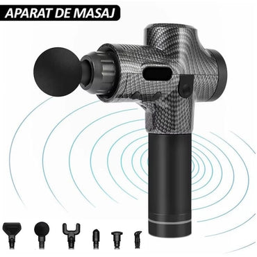 Aparat de masaj profesional tip pistol NEXTLY, 6 capete interschimbabile, 30 trepte de intensitate, ecran LCD cu touch, afisaj nivel baterie si intensitate, sistem de racire, geanta transport, negru-gri