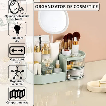 Organizator de cosmetice, bijuterii, accesorii si alte obiecte NEXTLY, oglinda detasabila si reglabila cu touch control, 3 moduri de iluminare, compartimentat, 14x26x9cm S, verde